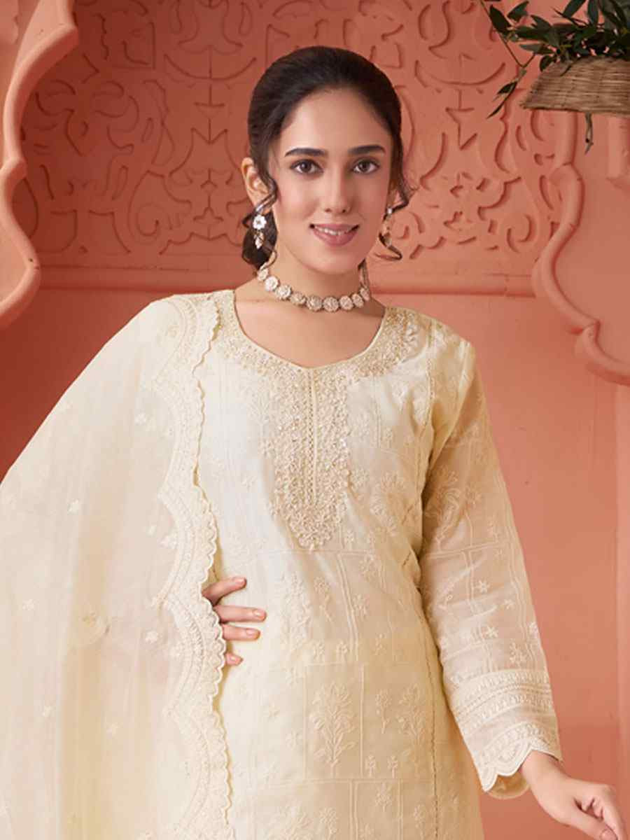 Off-White Silk Embroidery Party Wedding Festival Casual Ready Pant Salwar Kameez