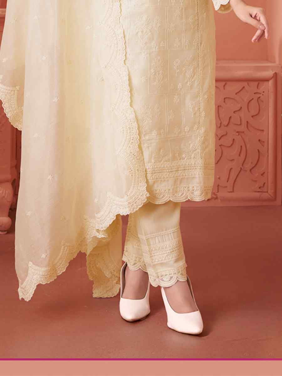 Off-White Silk Embroidery Party Wedding Festival Casual Ready Pant Salwar Kameez