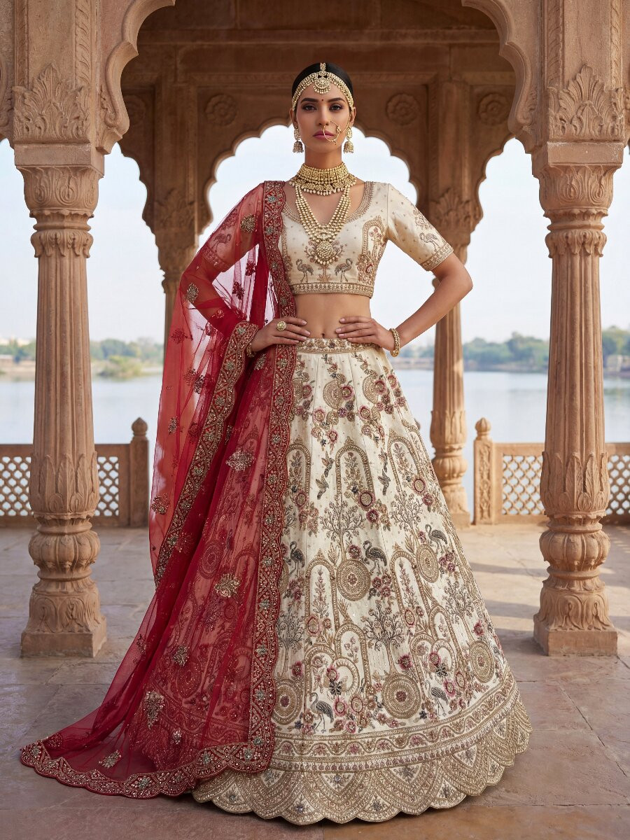 Off White Silk Embroidery Sequins Zari Zardosi Resham Thread Wedding Reception Party Festival Bridal Heavy Border Lehenga Choli