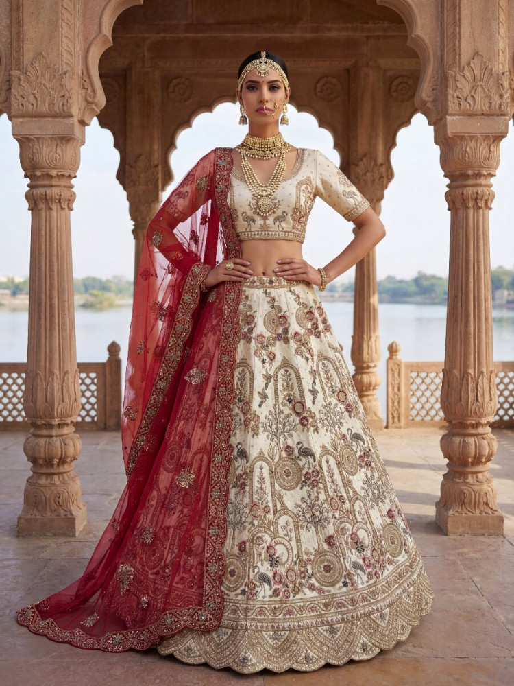 Image of Off White Silk Embroidery Sequins Zari Zardosi Resham Thread Wedding Reception Party Festival Bridal Heavy Border Lehenga Choli