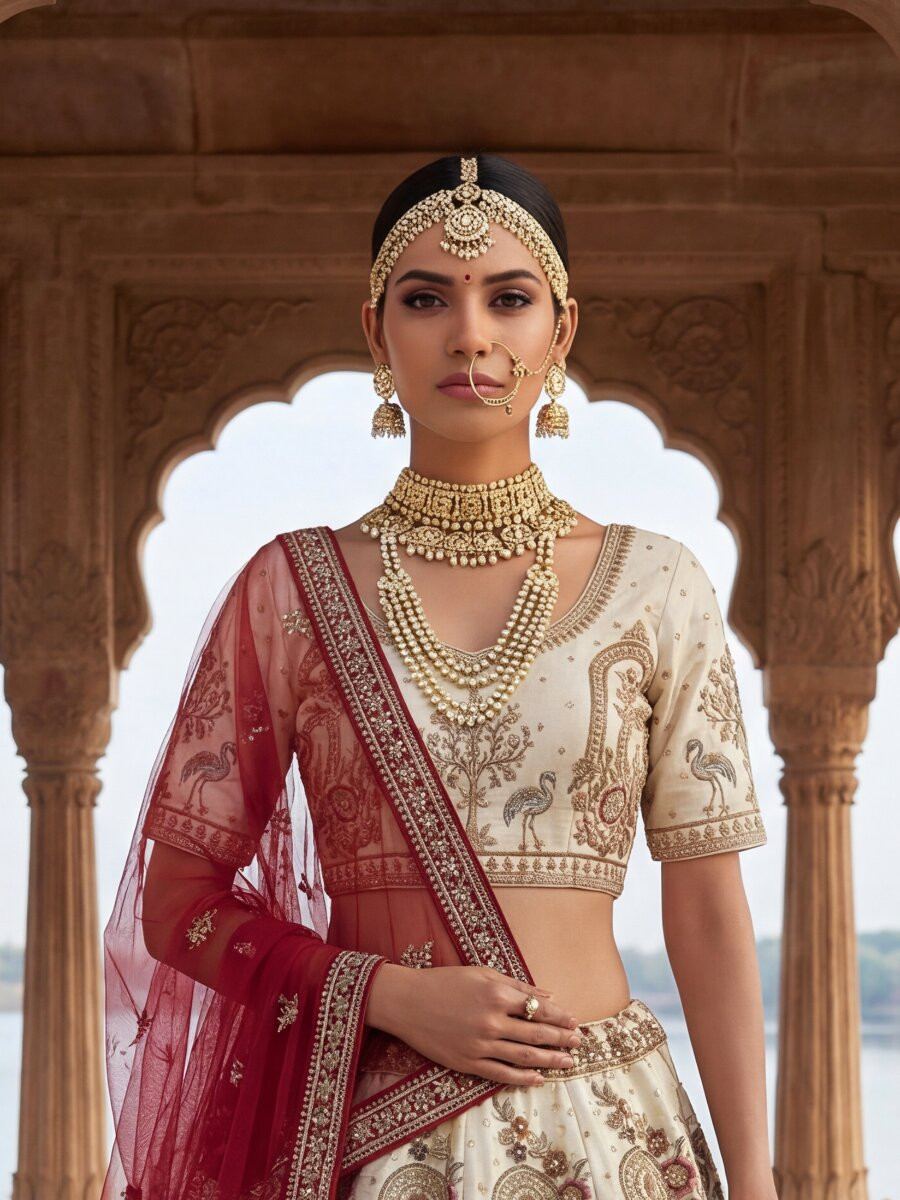 Off White Silk Embroidery Sequins Zari Zardosi Resham Thread Wedding Reception Party Festival Bridal Heavy Border Lehenga Choli