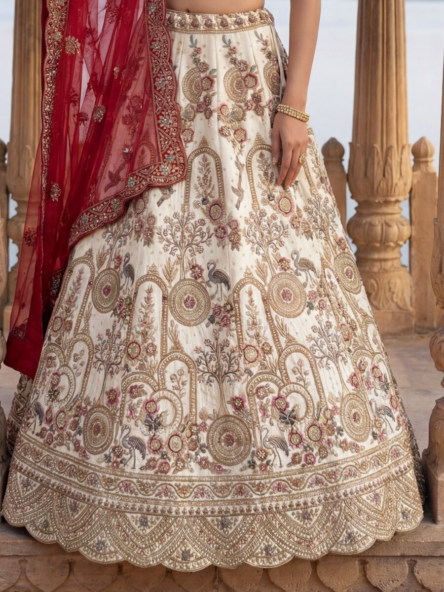 Off White Silk Embroidery Sequins Zari Zardosi Resham Thread Wedding Reception Party Festival Bridal Heavy Border Lehenga Choli