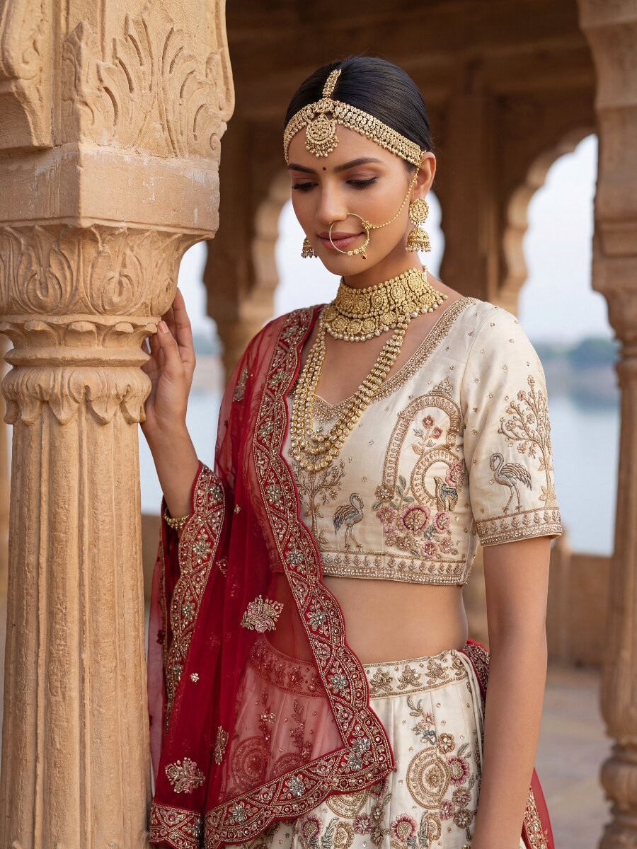 Off White Silk Embroidery Sequins Zari Zardosi Resham Thread Wedding Reception Party Festival Bridal Heavy Border Lehenga Choli