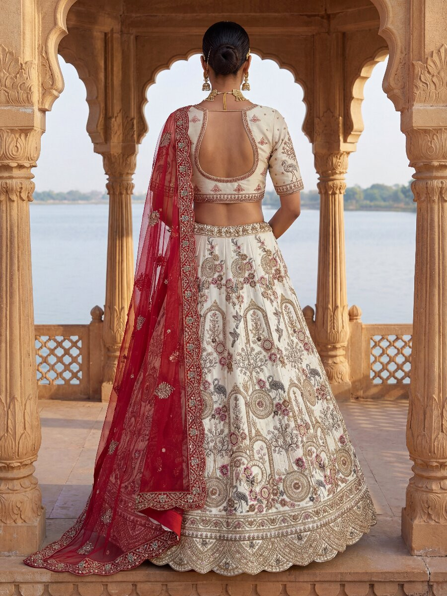 Off White Silk Embroidery Sequins Zari Zardosi Resham Thread Wedding Reception Party Festival Bridal Heavy Border Lehenga Choli