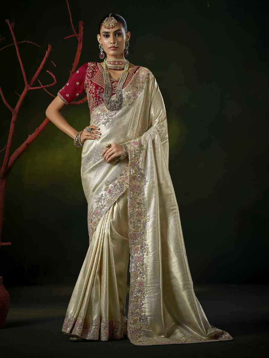 Off-White Silk Embroidery Traditional Bridal Reception Festival Wedding Fancy Heavy Border Saree
