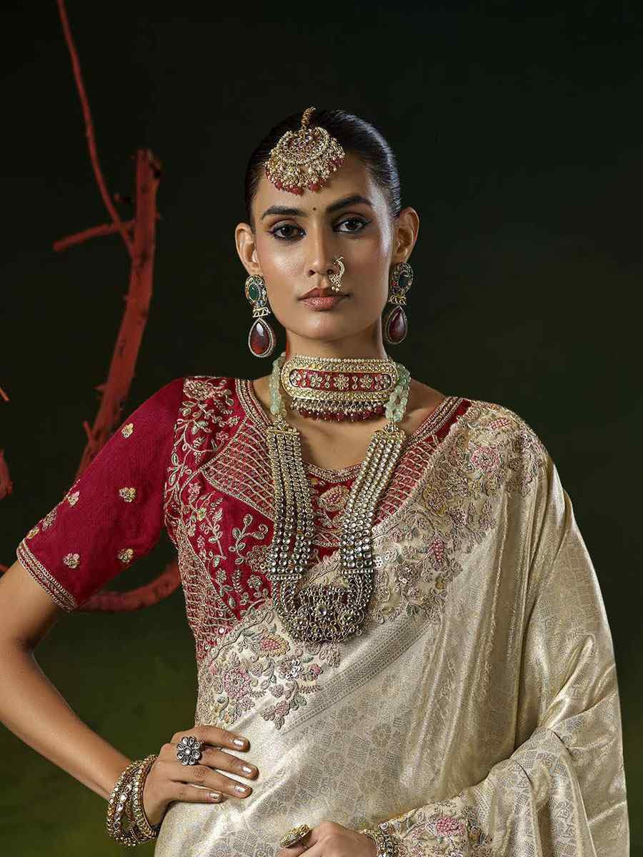 Off-White Silk Embroidery Traditional Bridal Reception Festival Wedding Fancy Heavy Border Saree