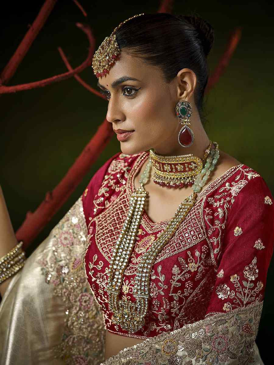 Off-White Silk Embroidery Traditional Bridal Reception Festival Wedding Fancy Heavy Border Saree