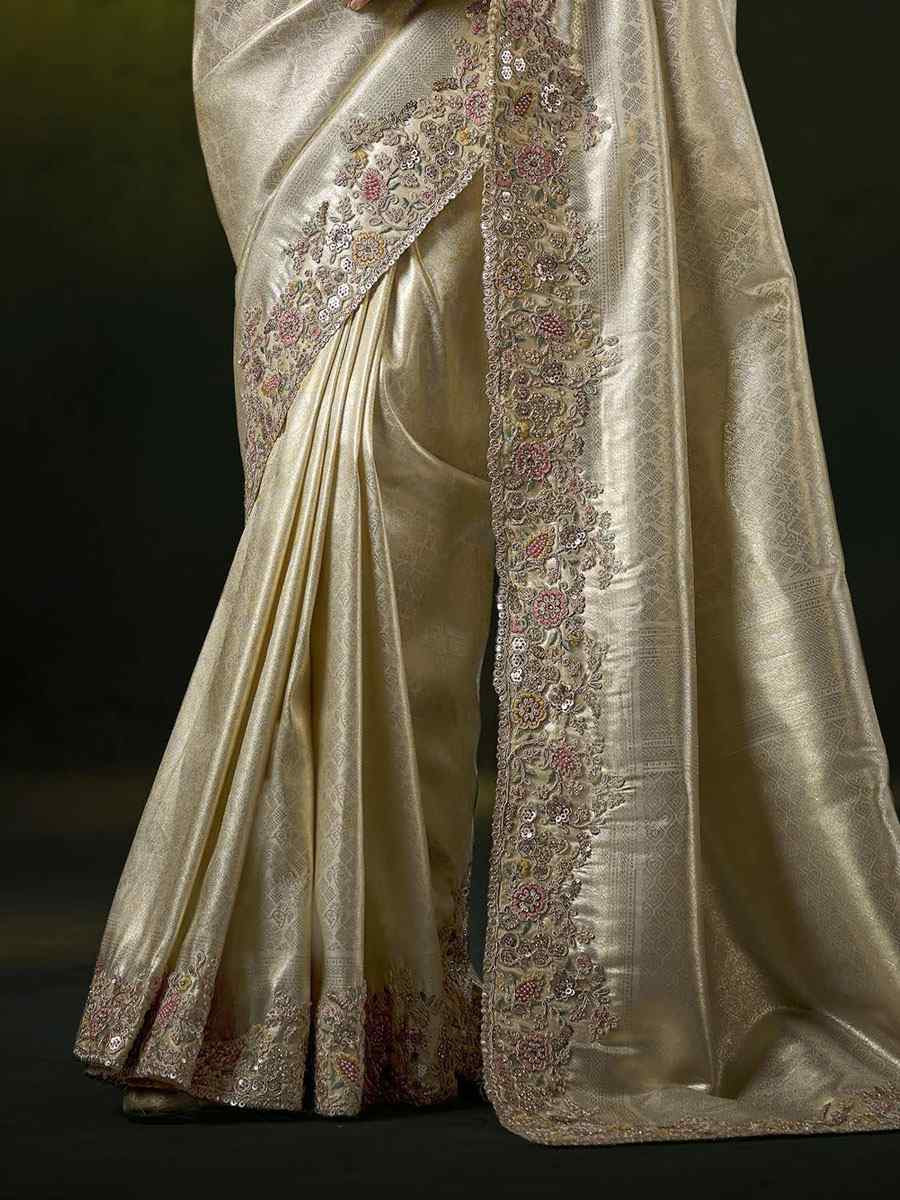 Off-White Silk Embroidery Traditional Bridal Reception Festival Wedding Fancy Heavy Border Saree