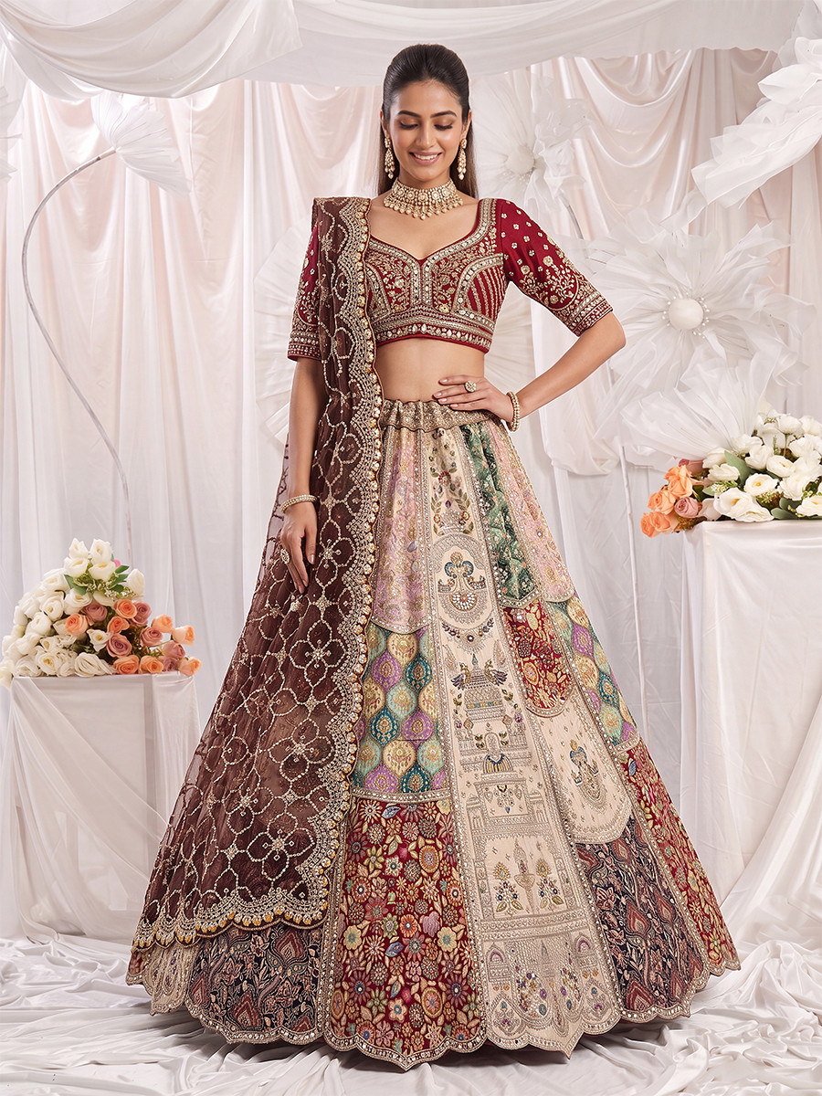 Off White Silk Embroidery Zardosi Sequins Wedding Reception Party Festival Ready Heavy Border Lehenga Choli