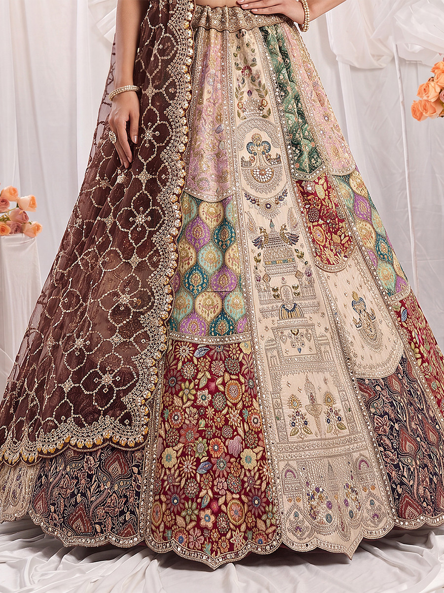 Off White Silk Embroidery Zardosi Sequins Wedding Reception Party Festival Ready Heavy Border Lehenga Choli
