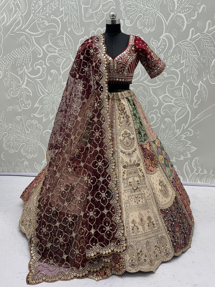 Off White Silk Embroidery Zardosi Sequins Wedding Reception Party Festival Ready Heavy Border Lehenga Choli
