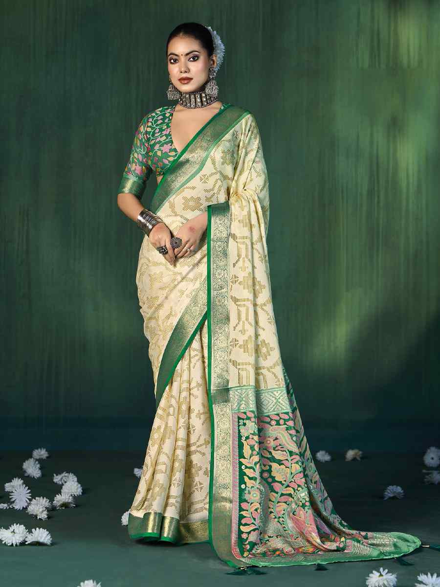Off-White Silk Handwoven Festival Wedding Fancy Heavy Border Saree