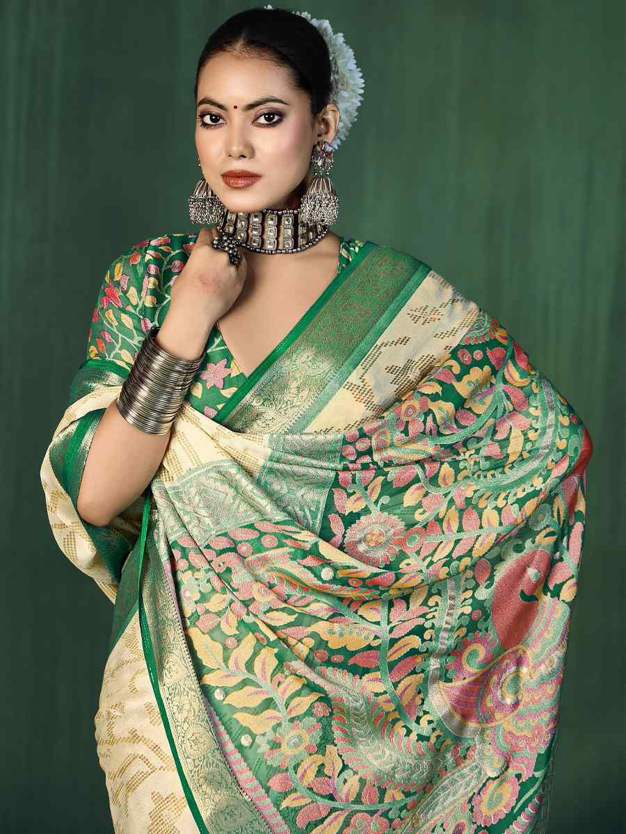 Off-White Silk Handwoven Festival Wedding Fancy Heavy Border Saree
