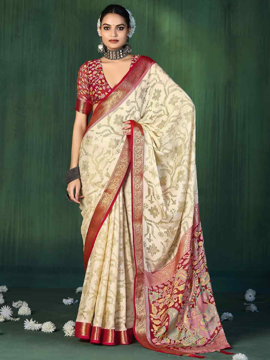 Off-White Silk Handwoven Festival Wedding Fancy Heavy Border Saree