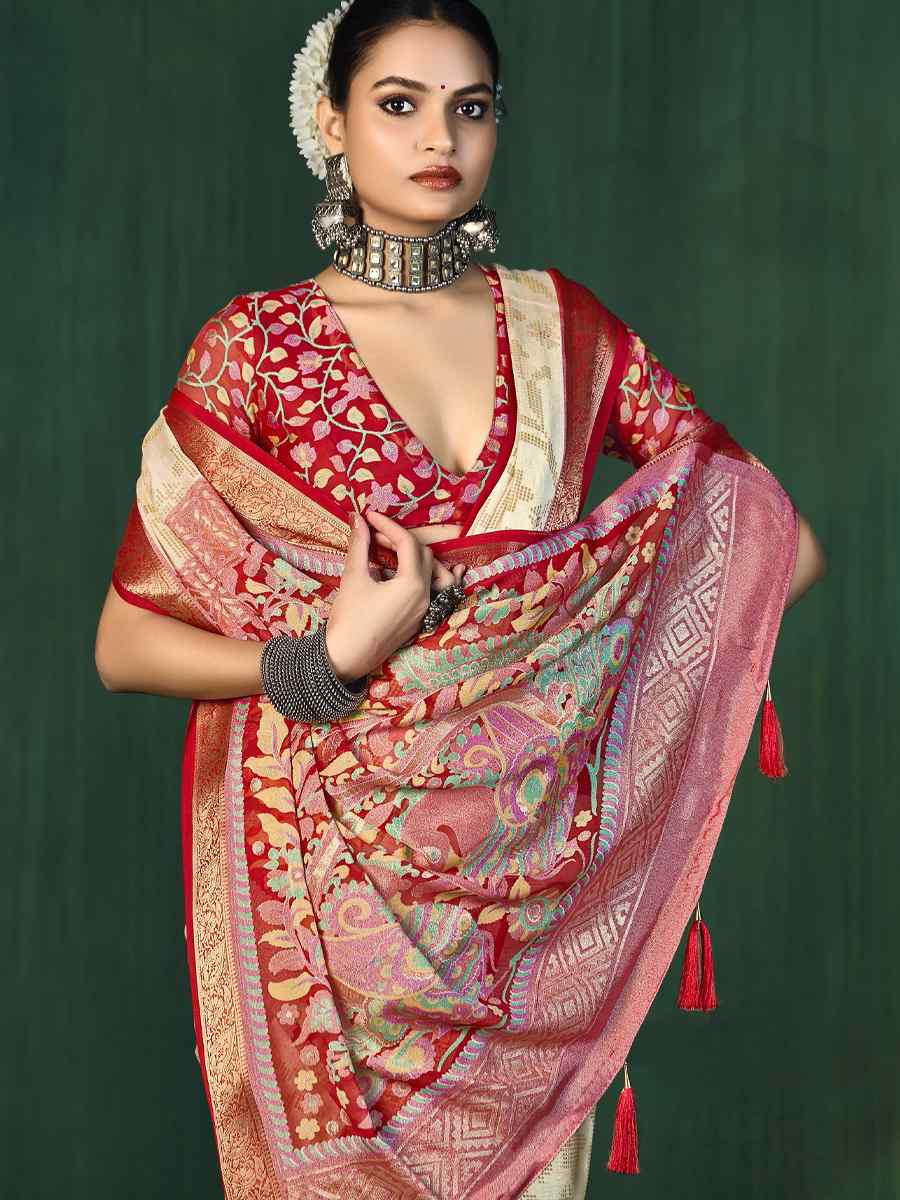 Off-White Silk Handwoven Festival Wedding Fancy Heavy Border Saree