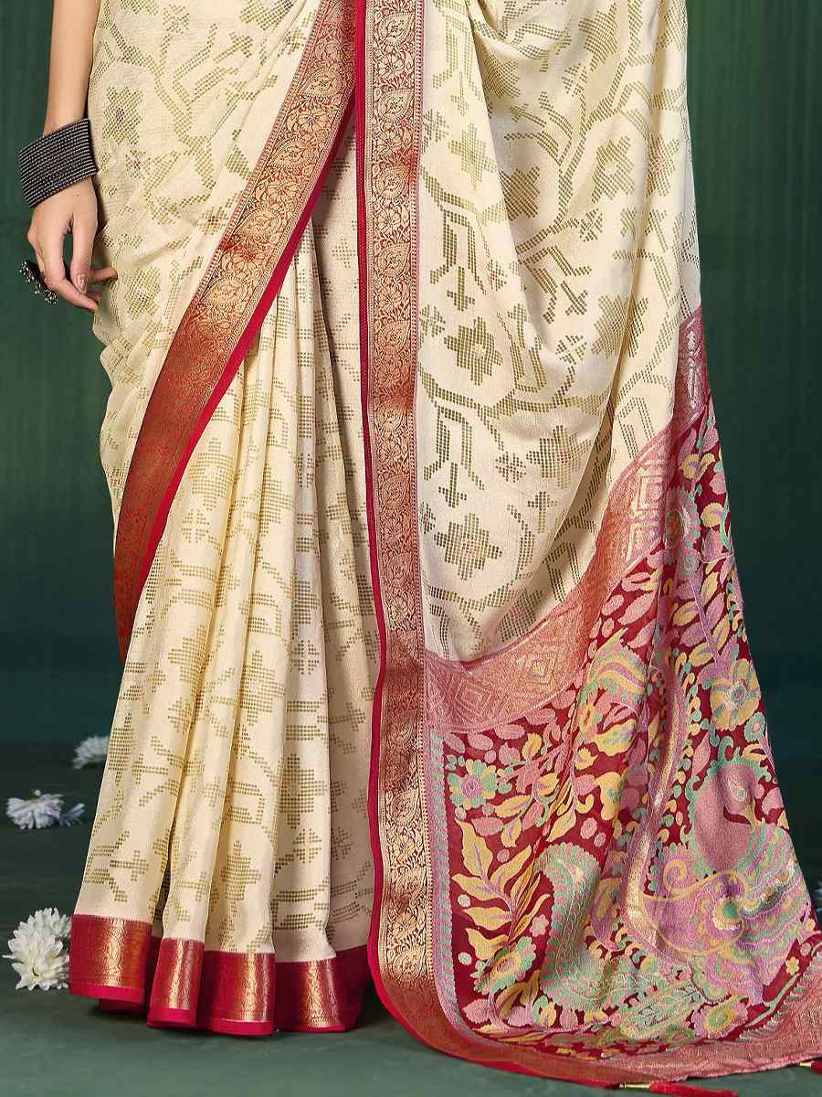 Off-White Silk Handwoven Festival Wedding Fancy Heavy Border Saree