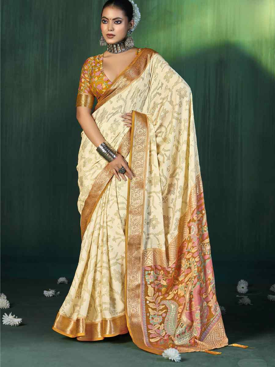 Off-White Silk Handwoven Festival Wedding Fancy Heavy Border Saree