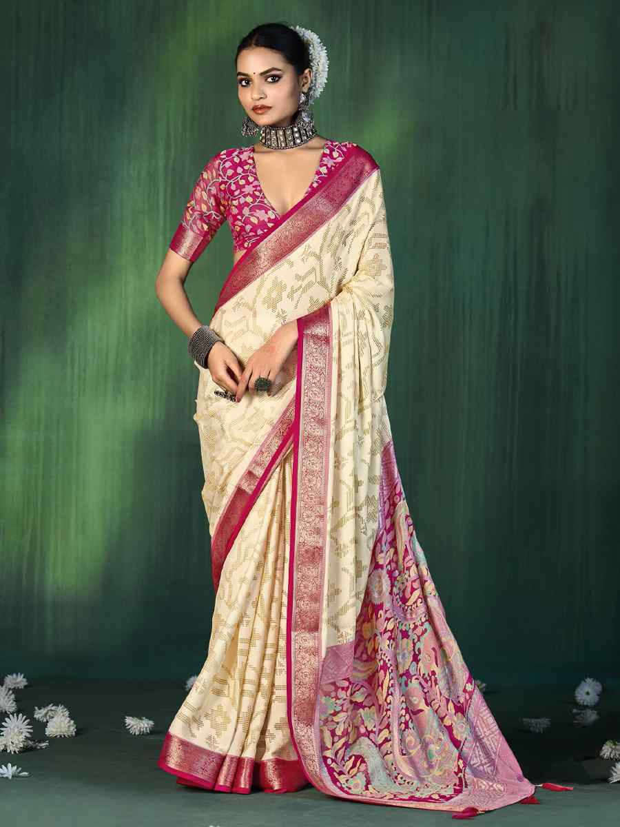 Off-White Silk Handwoven Festival Wedding Fancy Heavy Border Saree