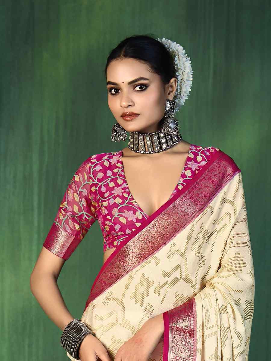 Off-White Silk Handwoven Festival Wedding Fancy Heavy Border Saree