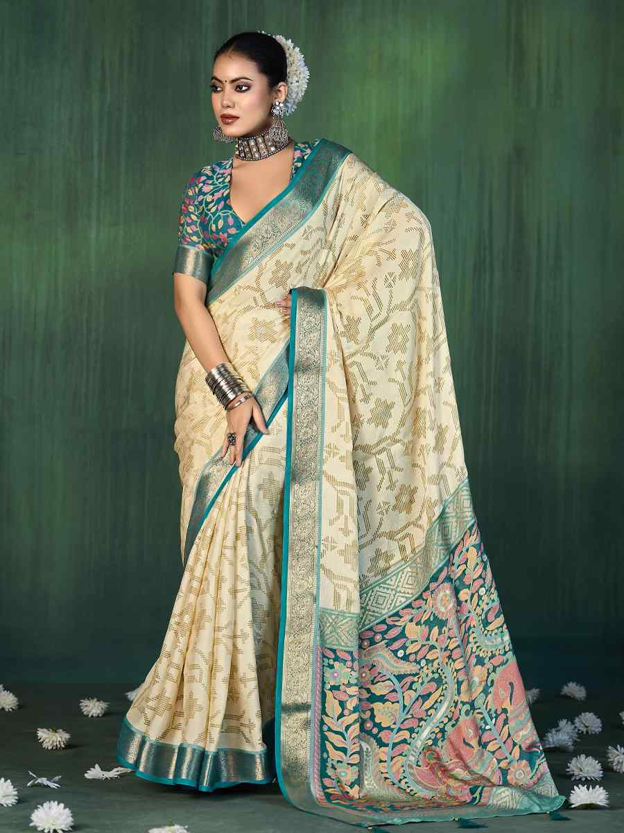 Off-White Silk Handwoven Festival Wedding Fancy Heavy Border Saree