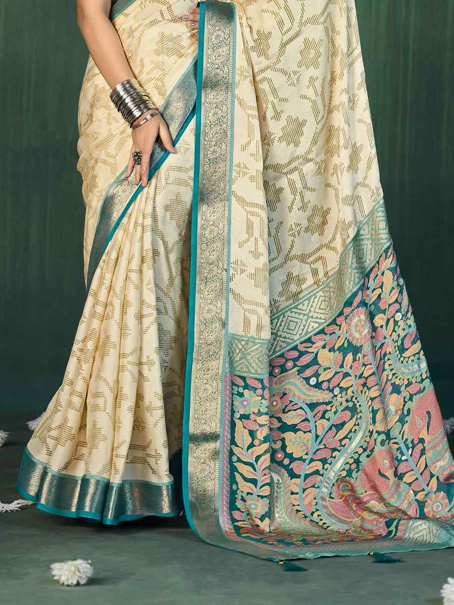 Off-White Silk Handwoven Festival Wedding Fancy Heavy Border Saree