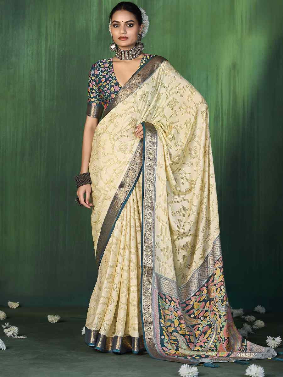 Off-White Silk Handwoven Festival Wedding Fancy Heavy Border Saree