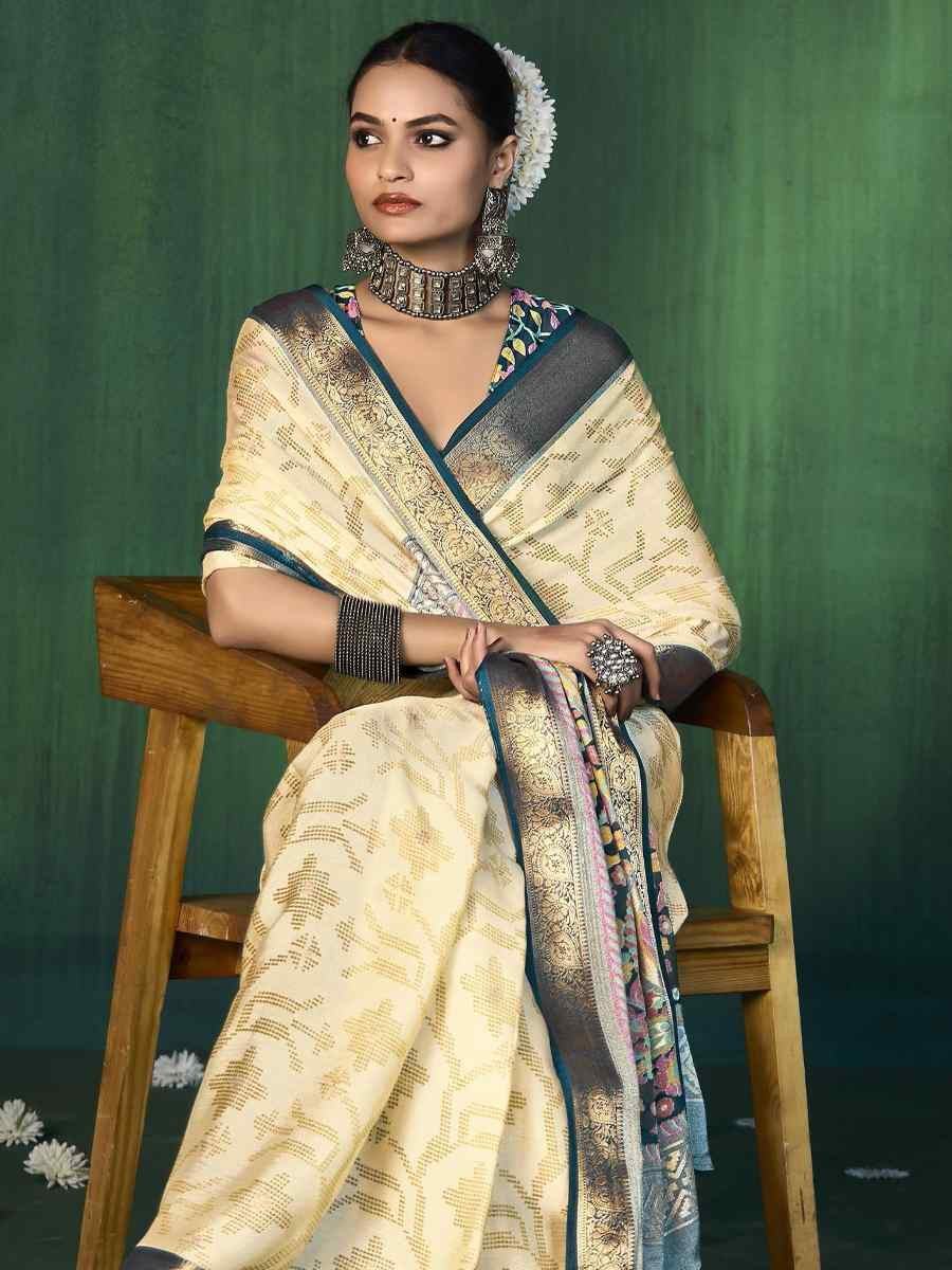 Off-White Silk Handwoven Festival Wedding Fancy Heavy Border Saree