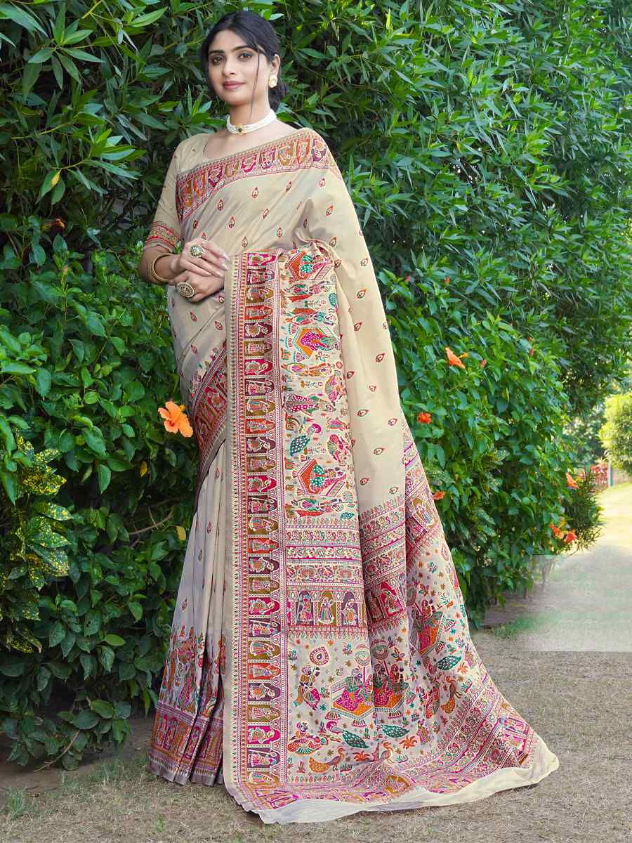 Off White Silk Handwoven Wedding Festival Heavy Border Saree