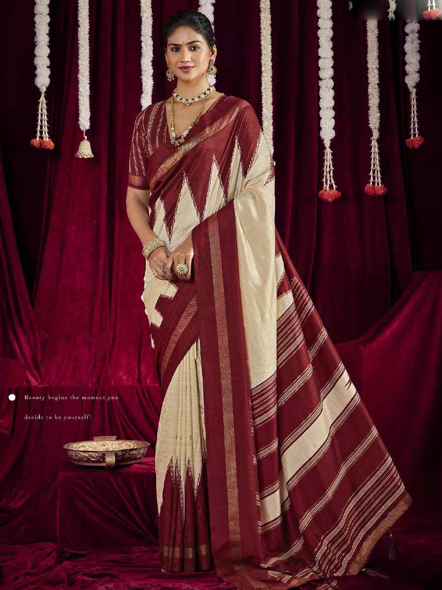 Off-White Silk Printed Bridal Reception Festival Wedding Fancy Heavy Border Saree