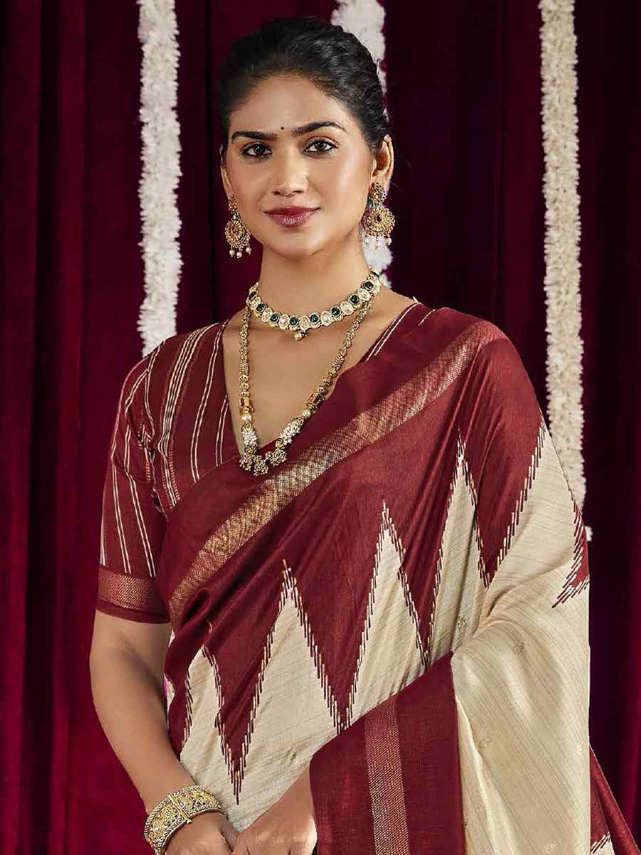 Off-White Silk Printed Bridal Reception Festival Wedding Fancy Heavy Border Saree