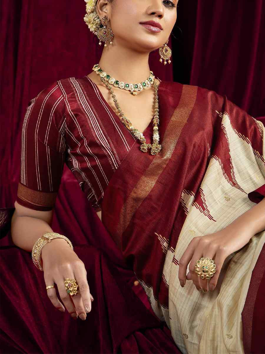 Off-White Silk Printed Bridal Reception Festival Wedding Fancy Heavy Border Saree