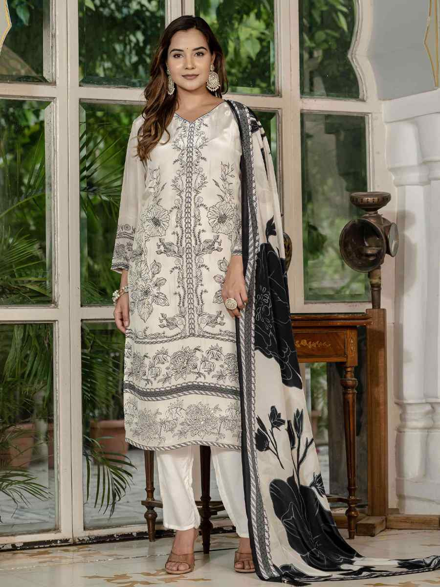 Off White Silk Printed Embroidery Party Wedding Festival Casual Ready Pant Salwar Kameez