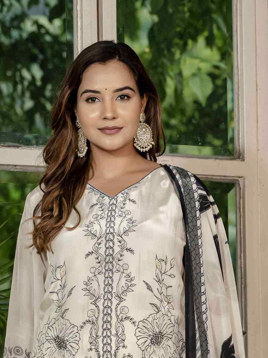 Off White Silk Printed Embroidery Party Wedding Festival Casual Ready Pant Salwar Kameez