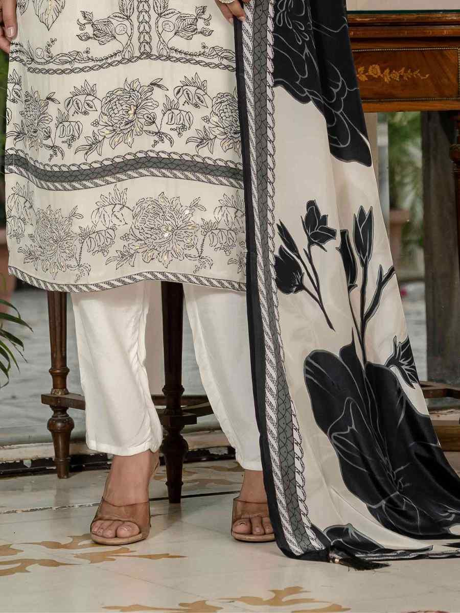 Off White Silk Printed Embroidery Party Wedding Festival Casual Ready Pant Salwar Kameez