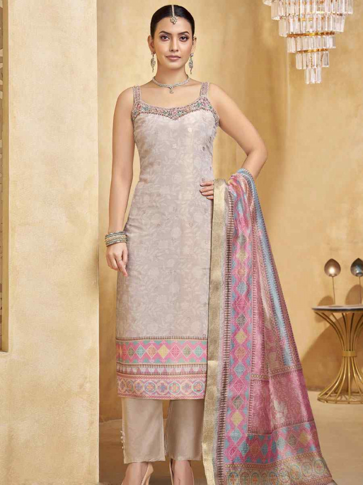 Image of Off-White Silk Printed Embroidery Party Wedding Festival Casual Ready Pant Salwar Kameez