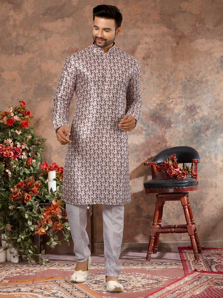 Off White Silk Printed Festival Kurta Set