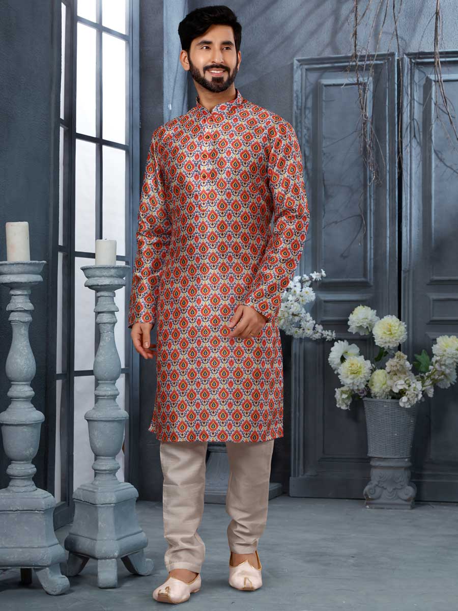 Off White Silk Printed Festival Kurta Set
