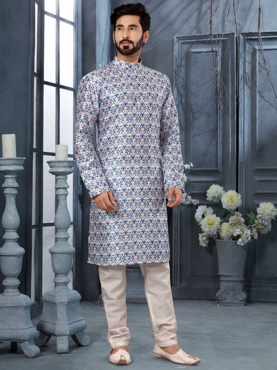 Off White Silk Printed Festival Kurta Set