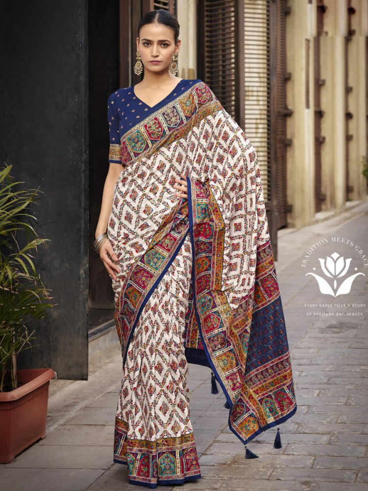 Image of Off White Silk Printed Wedding Reception Party Festival Casual Heavy Border Sarees