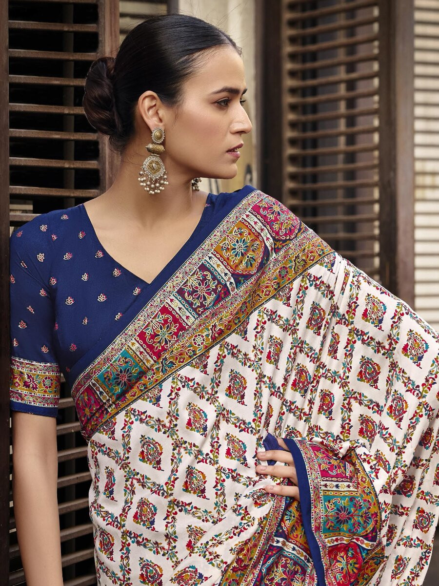 Off White Silk Printed Wedding Reception Party Festival Casual Heavy Border Sarees