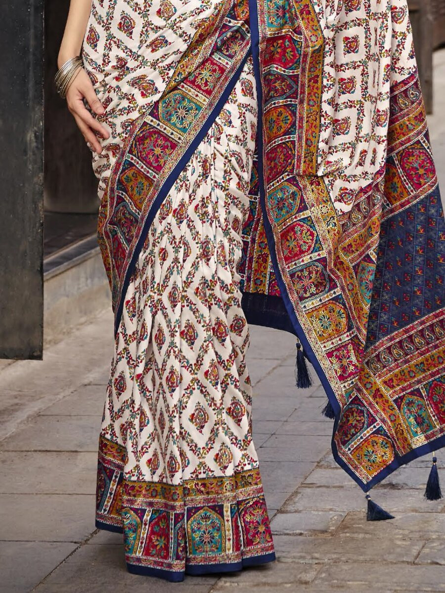 Off White Silk Printed Wedding Reception Party Festival Casual Heavy Border Sarees