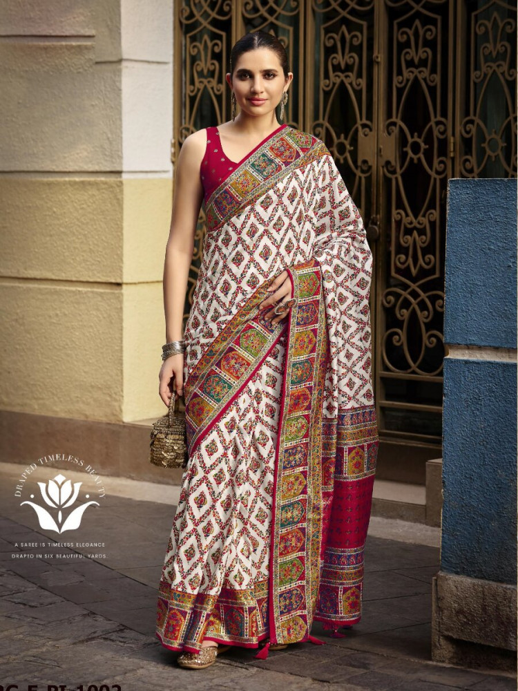 Image of Off White Silk Printed Wedding Reception Party Festival Casual Heavy Border Sarees