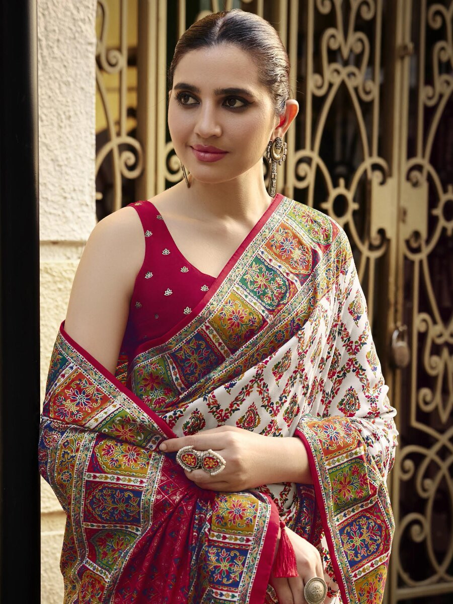 Off White Silk Printed Wedding Reception Party Festival Casual Heavy Border Sarees