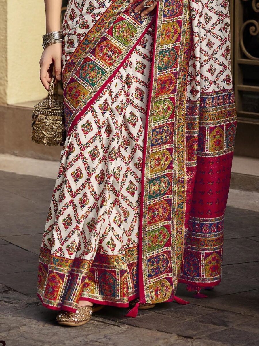 Off White Silk Printed Wedding Reception Party Festival Casual Heavy Border Sarees