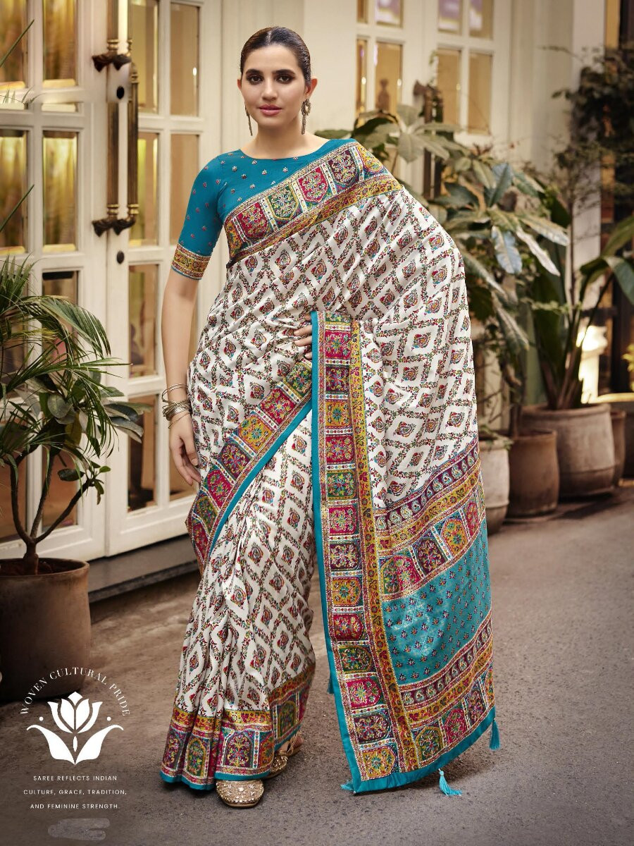 Off White Silk Printed Wedding Reception Party Festival Casual Heavy Border Sarees