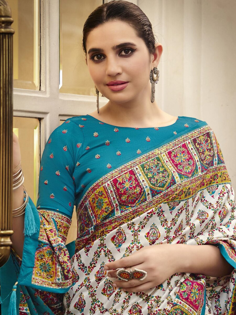 Off White Silk Printed Wedding Reception Party Festival Casual Heavy Border Sarees