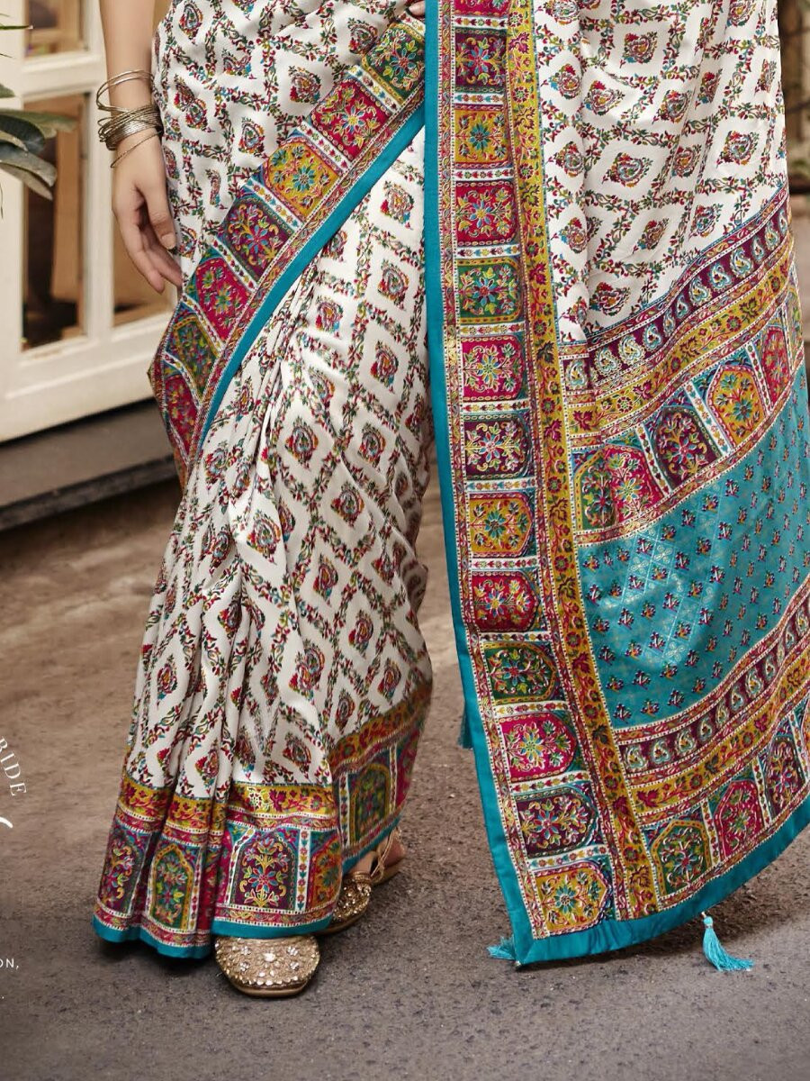 Off White Silk Printed Wedding Reception Party Festival Casual Heavy Border Sarees