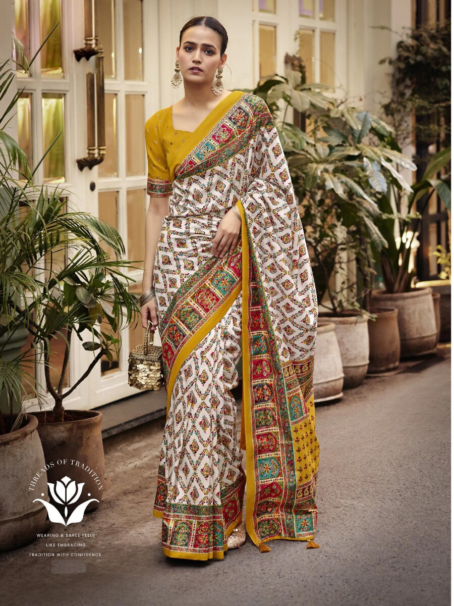 Off White Silk Printed Wedding Reception Party Festival Casual Heavy Border Sarees