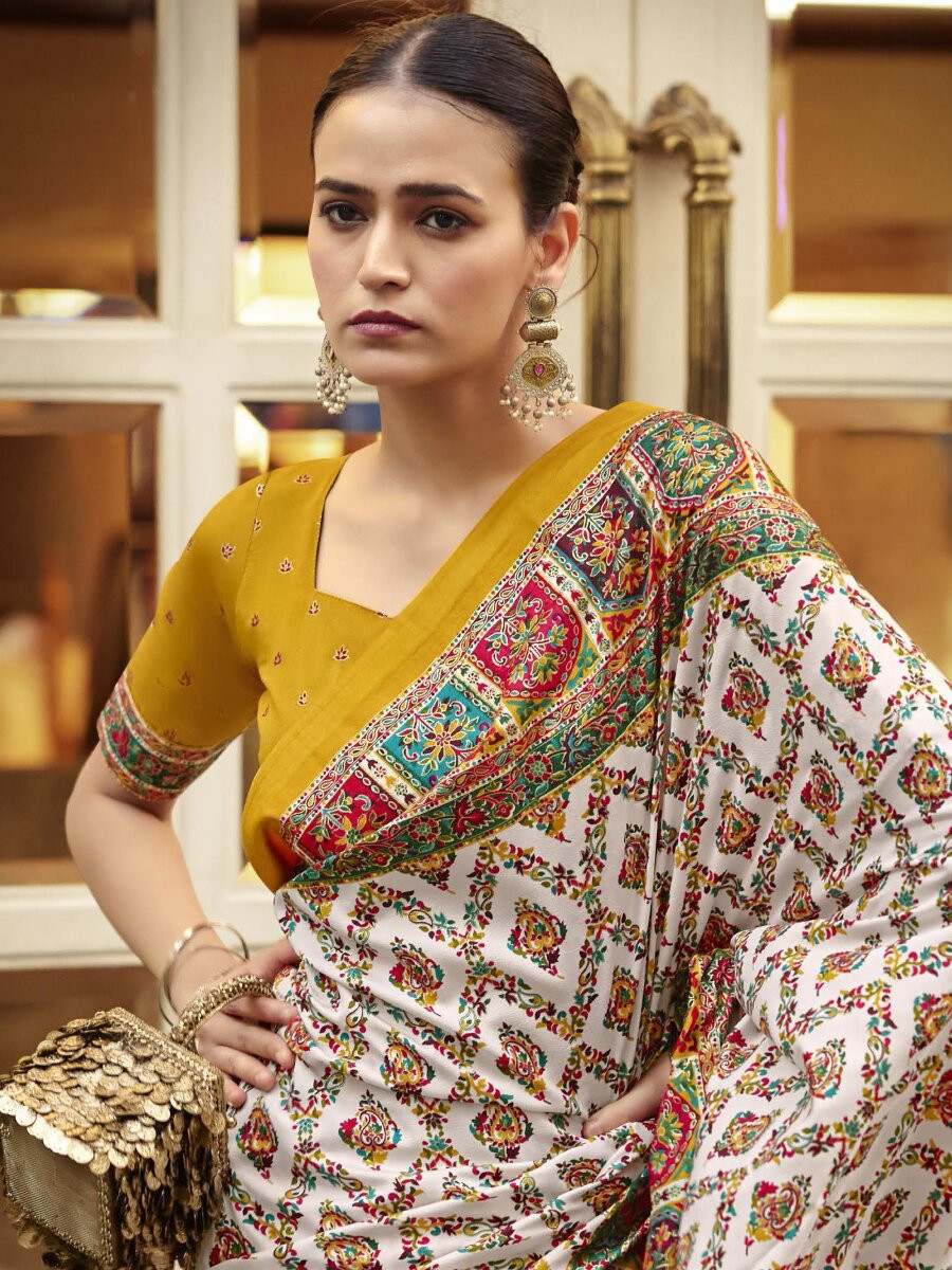 Off White Silk Printed Wedding Reception Party Festival Casual Heavy Border Sarees