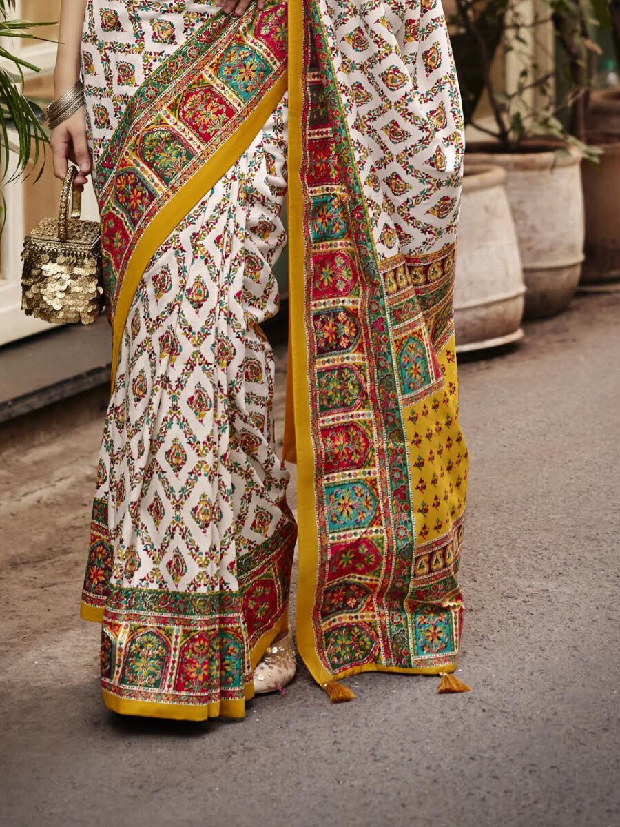 Off White Silk Printed Wedding Reception Party Festival Casual Heavy Border Sarees